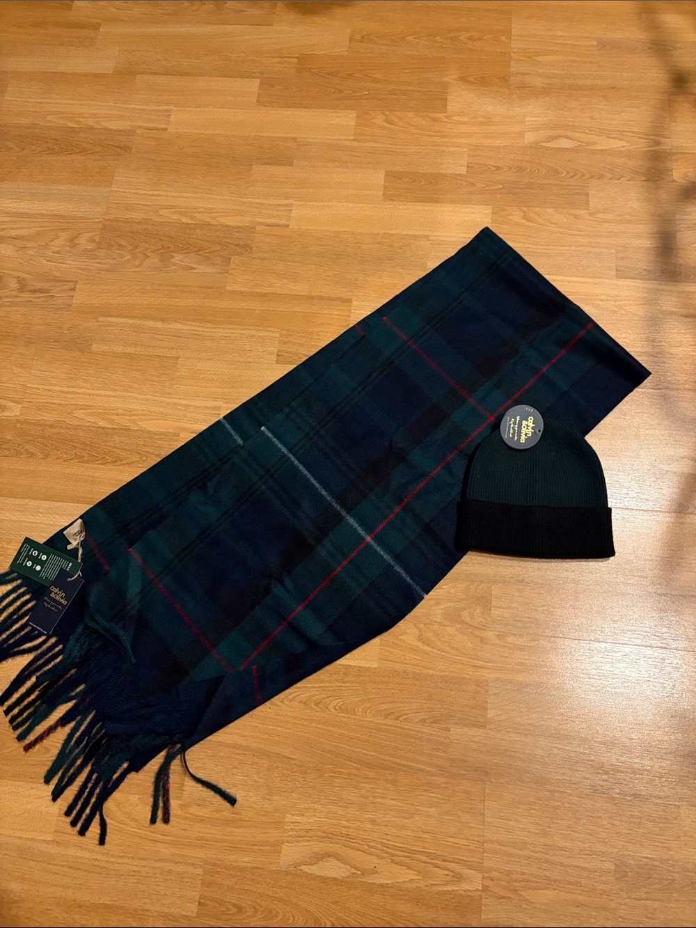 Men's Black Watch Plaid Scarf and Black Beanie Set